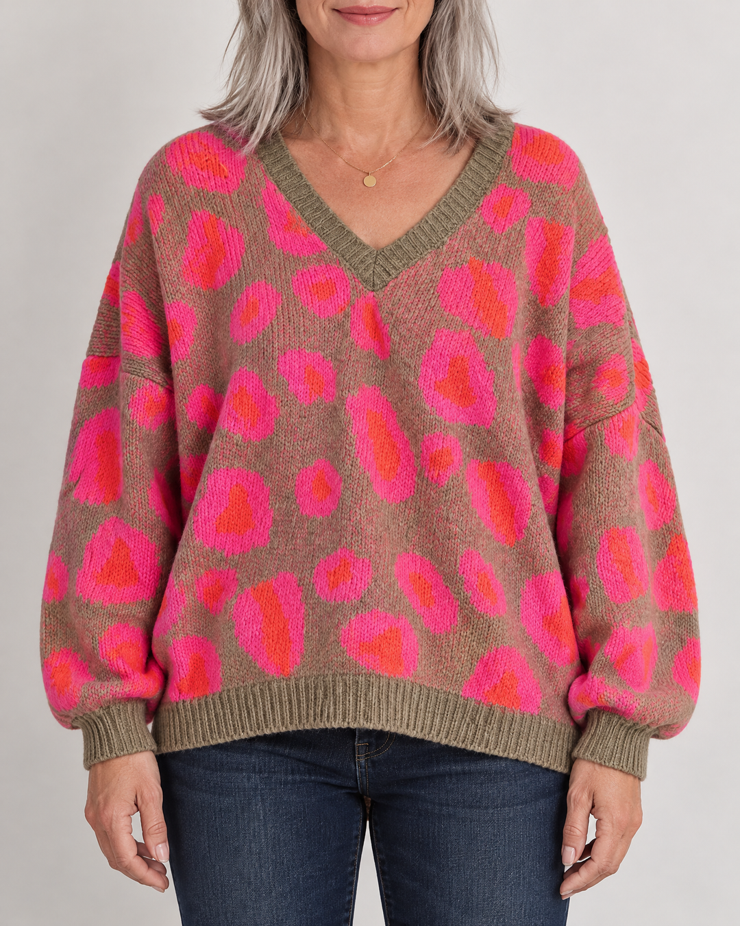 Paulette - Leopard V-Neck Sweater in hot pink, front view