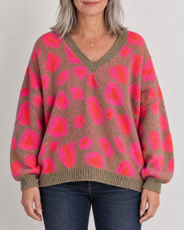 Paulette - Leopard V-Neck Sweater in hot pink, front view