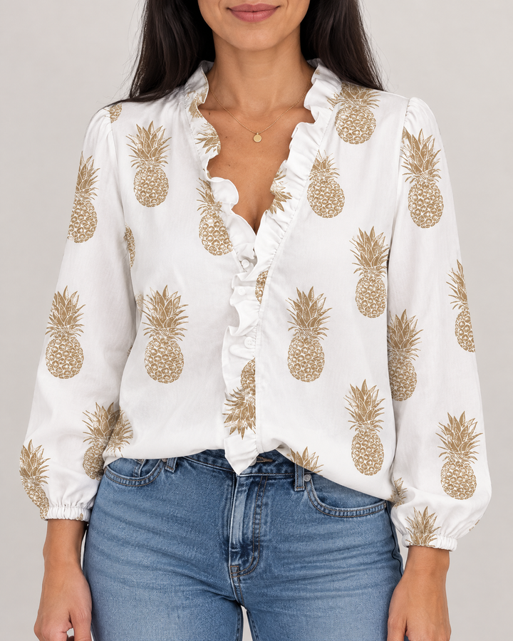Celine - Ruffle Front Shirt in pineapple, front view