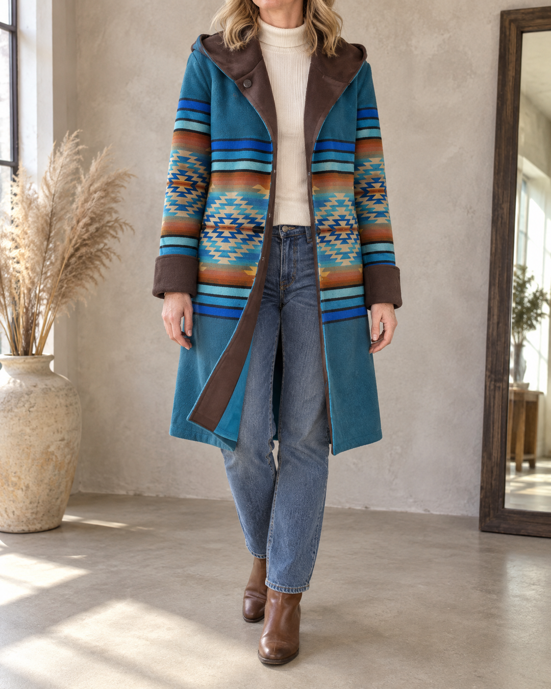 Nicole - Hooded Geometric Print Coat in teal, front view