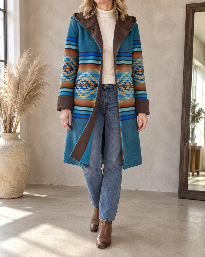 Nicole - Hooded Geometric Print Coat in teal, front view