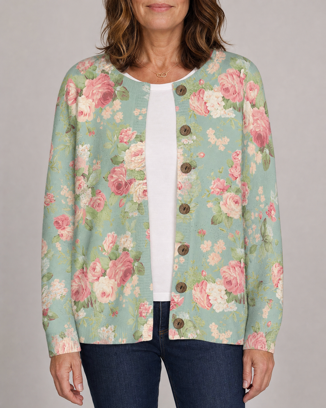 Beatrix - Vintage Print Cardigan in sage rose, front view