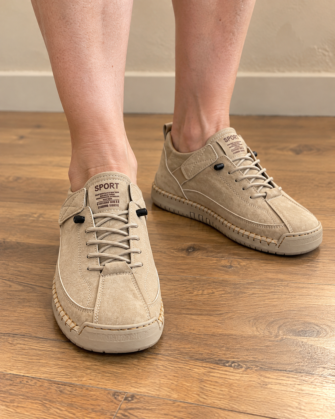 Lison - Easy-On Stitched Sneakers in beige, front view