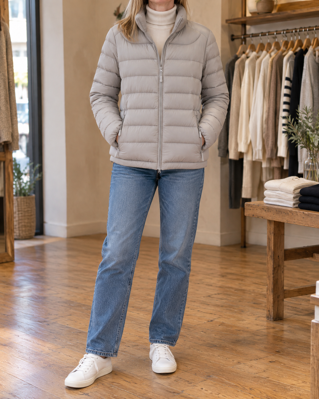 Adeline - Stand Collar Puffer Jacket in light grey, front view