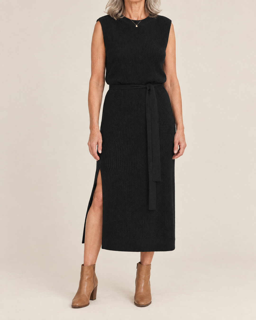 Lucile - Sleeveless Knit Midi Dress in black, front view