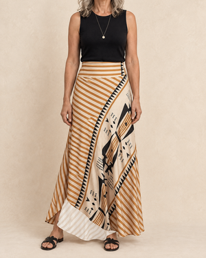 Bertille - Striped A-Line Maxi Skirt in sand stripe, front view