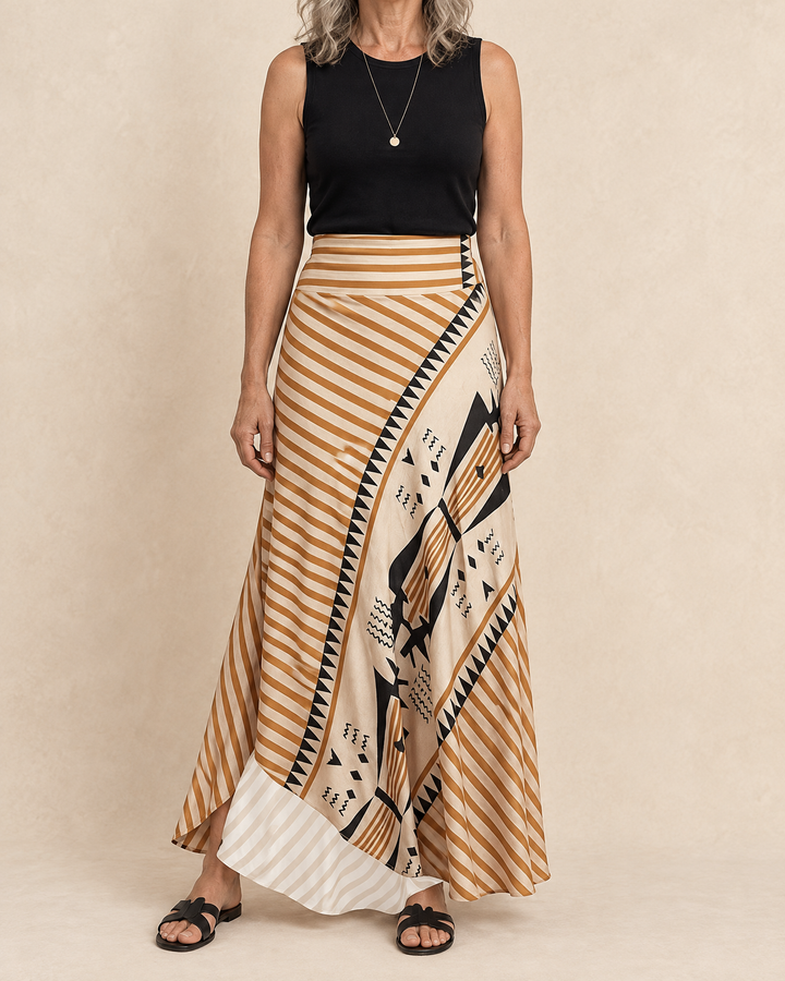 Bertille - Striped A-Line Maxi Skirt in sand stripe, front view