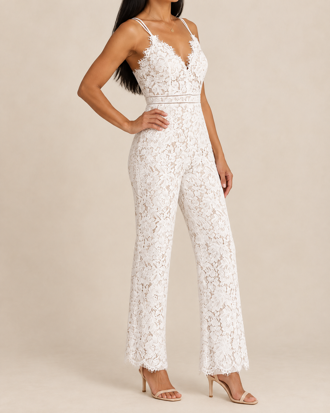 Victoire - Lace Wide Leg Jumpsuit in white, side view