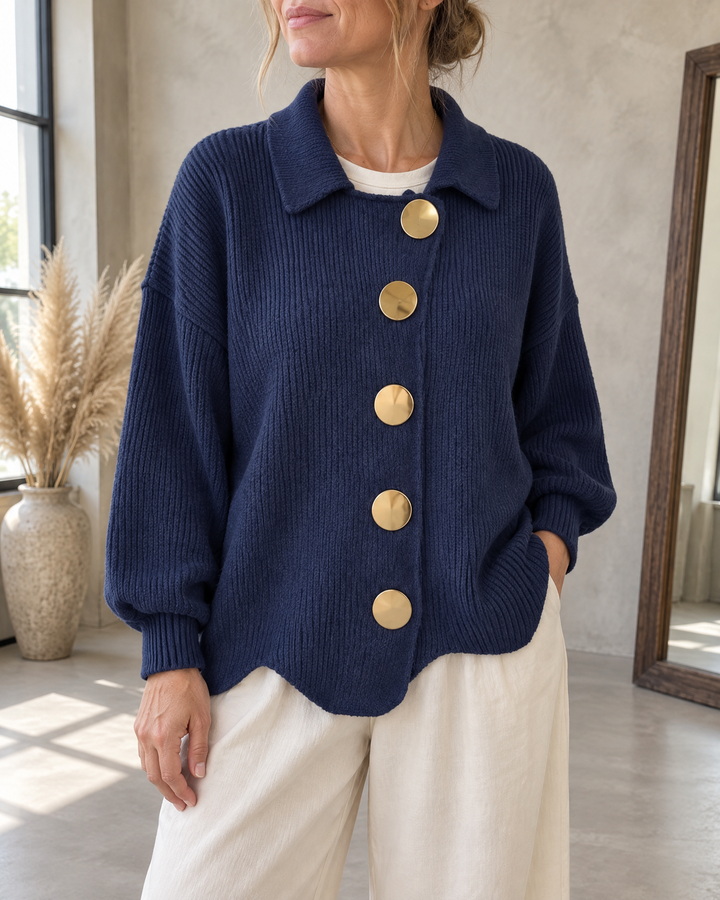 Albane - Collared Button Cardigan in navy, side view