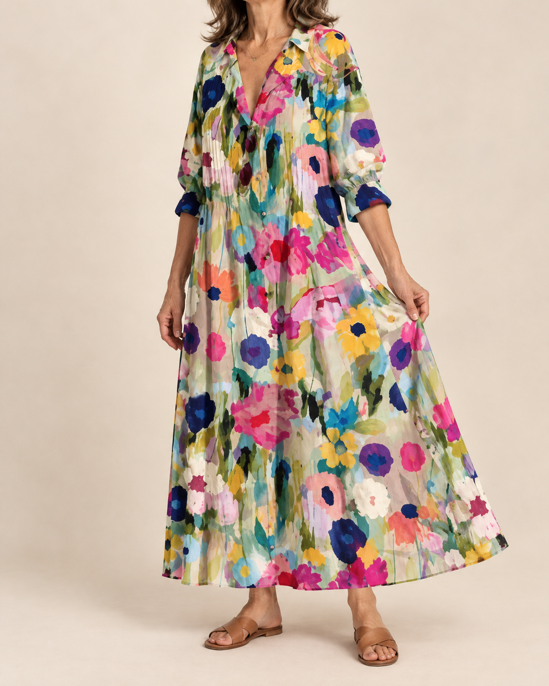 Mireille - Bohemian Maxi Shirt Dress in garden bloom, side view