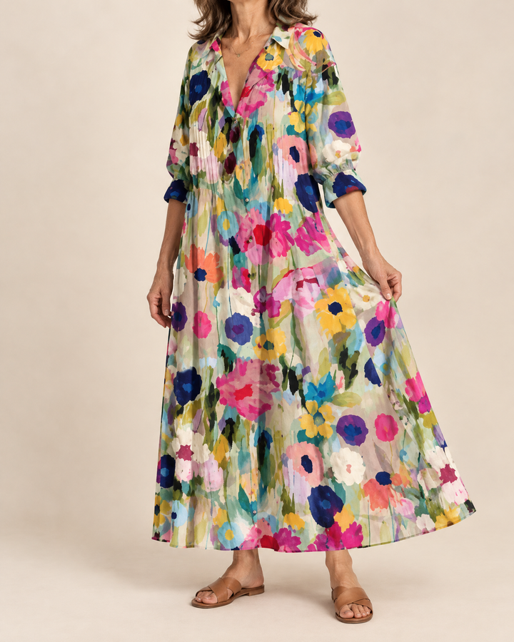 Mireille - Bohemian Maxi Shirt Dress in garden bloom, side view