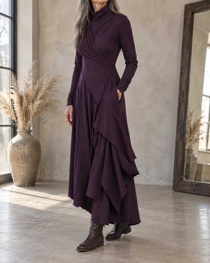 Sylvie - Draped Turtleneck Maxi Dress in purple, side view
