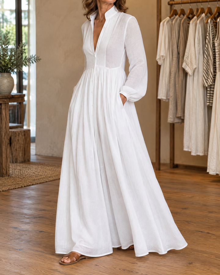 Colette - Button-Front Maxi Dress in white, side view