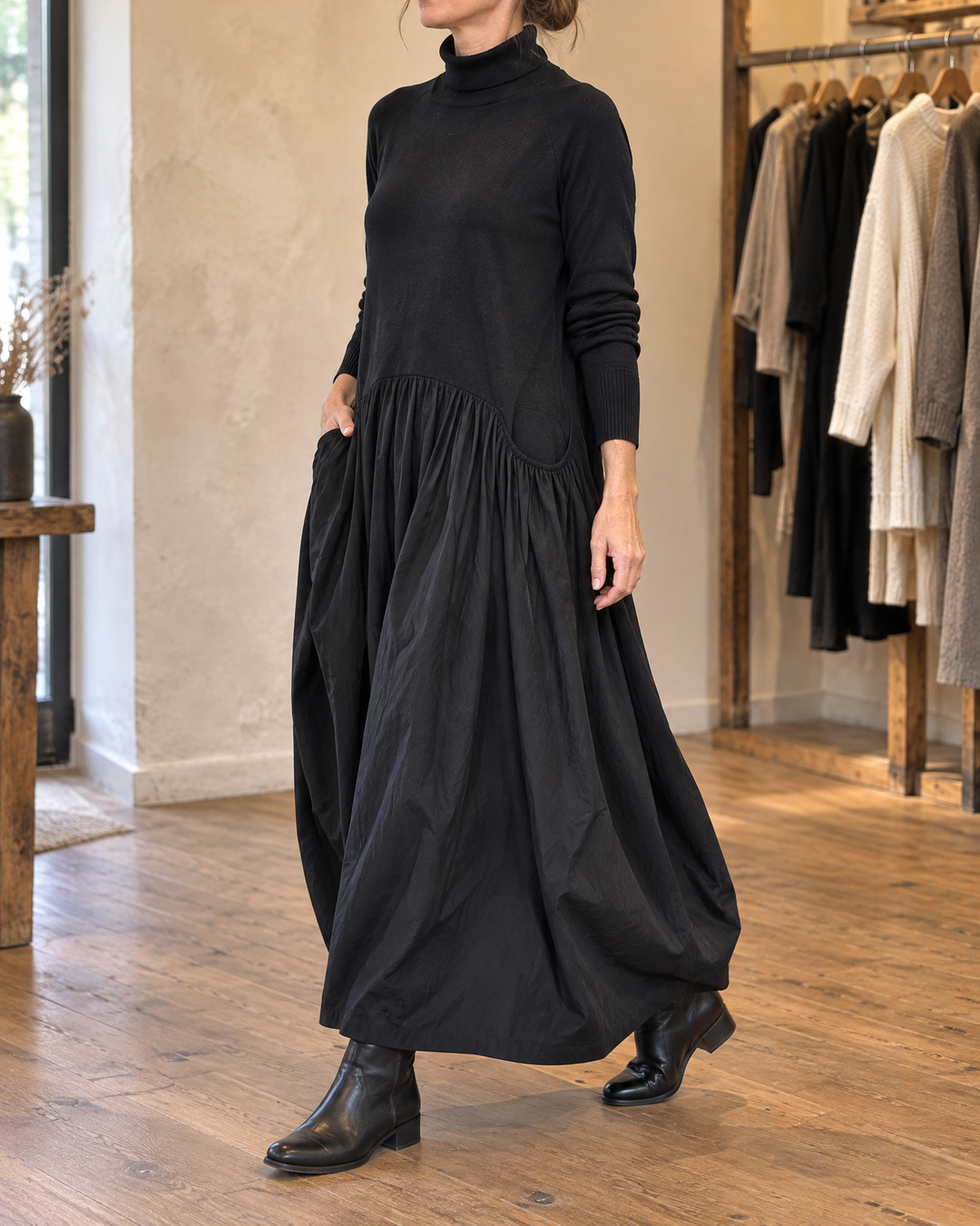 Odette - Turtleneck Maxi Dress in black, side view
