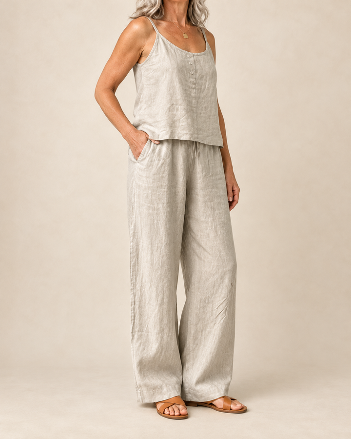 Odile - Cotton Linen Cami Set in light grey, side view