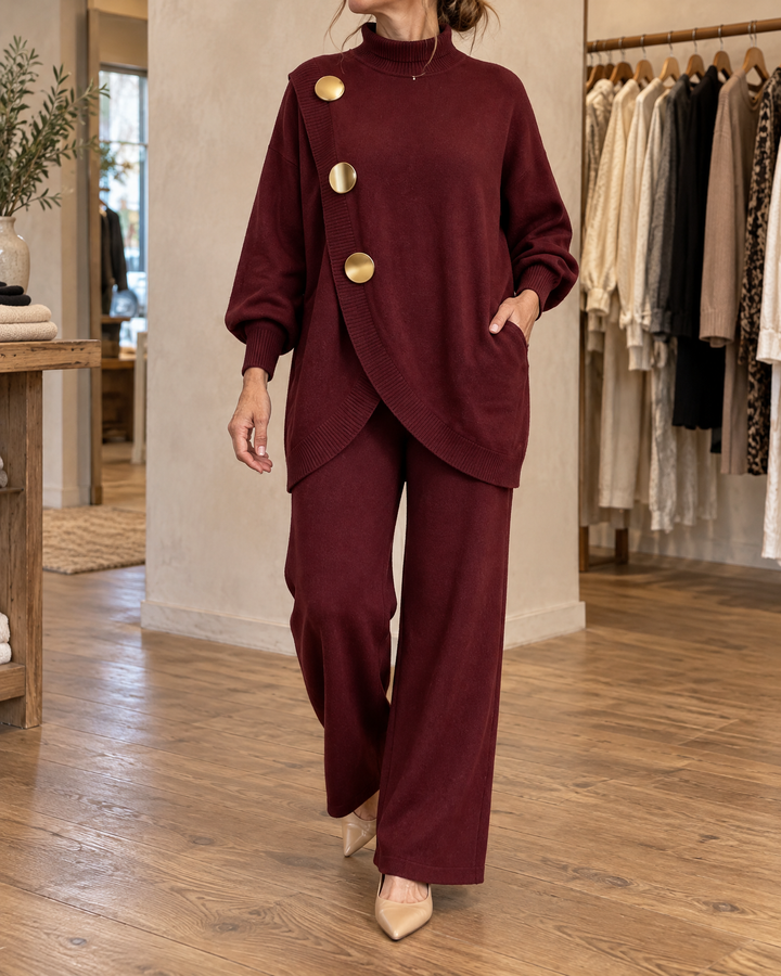 Victorine - Gold Button Knit Set in burgundy, side view