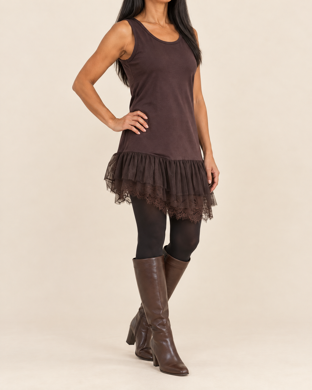 Sabine - Lace Trim Mini Dress in chocolate, side view