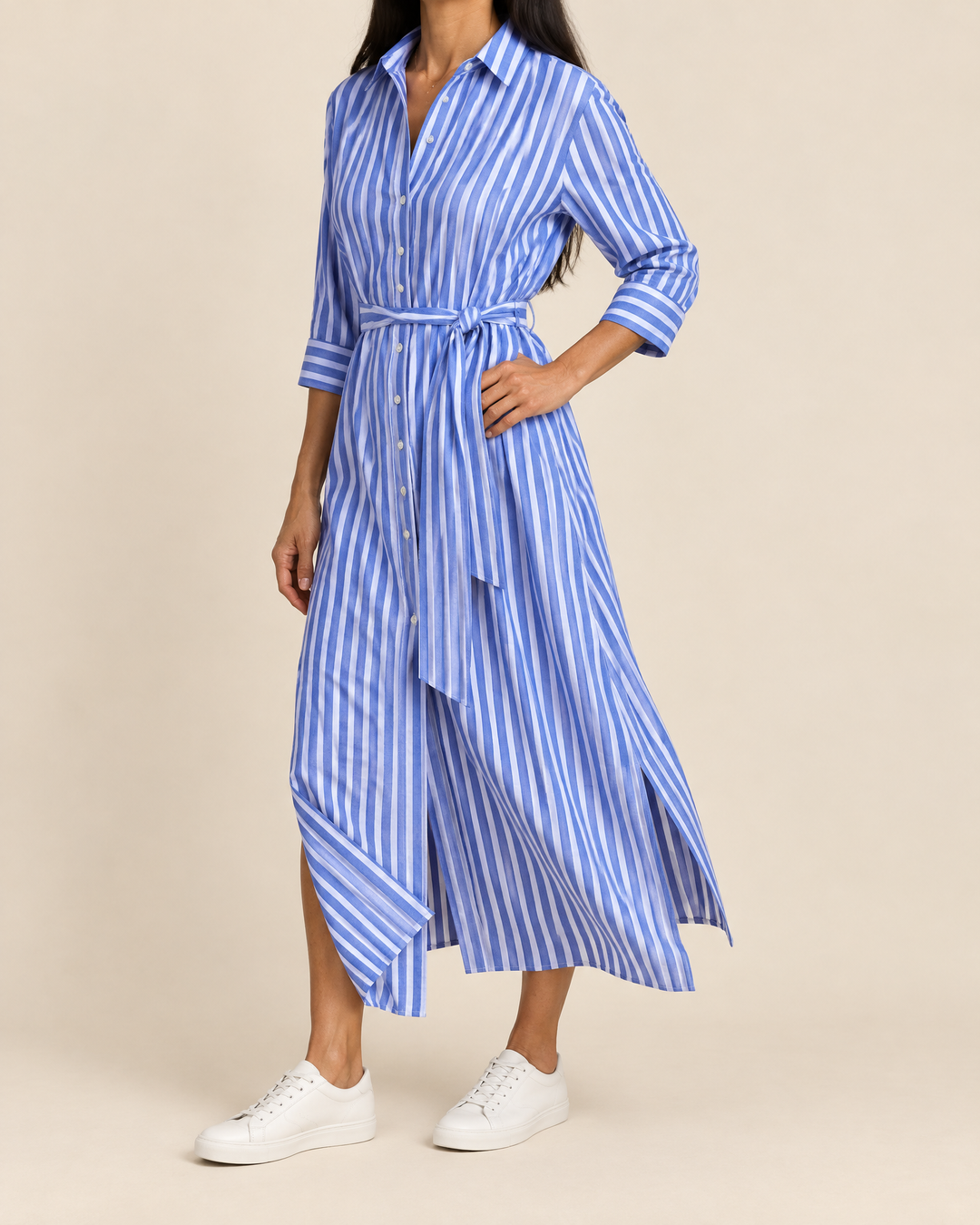 Laure - Belted Striped Shirt Dress in blue stripe, side view