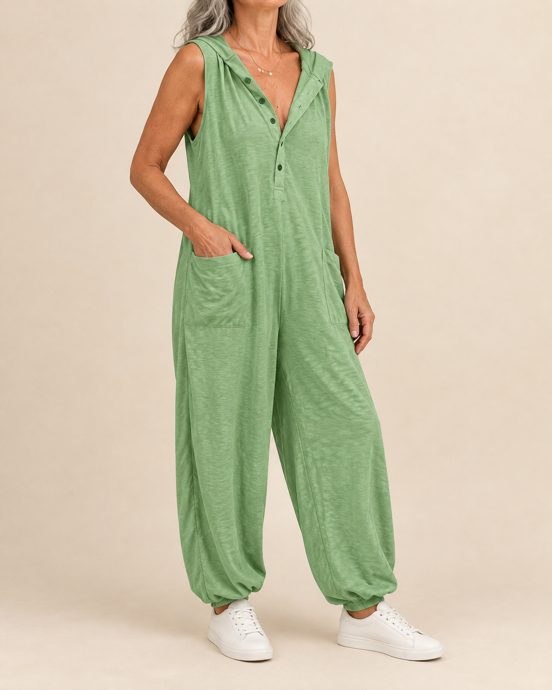 Gabrielle - Hooded Button Jumpsuit in sage green, side view