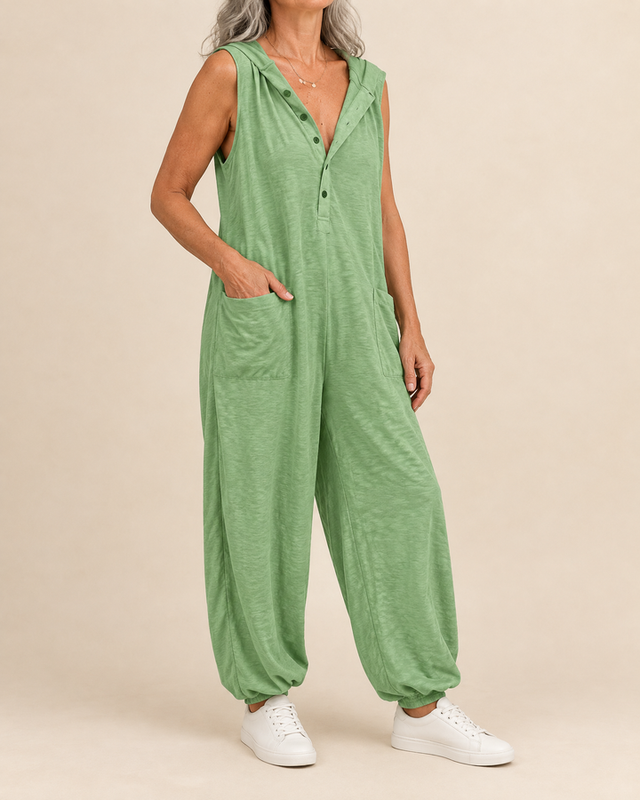 Gabrielle - Hooded Button Jumpsuit in sage green, side view