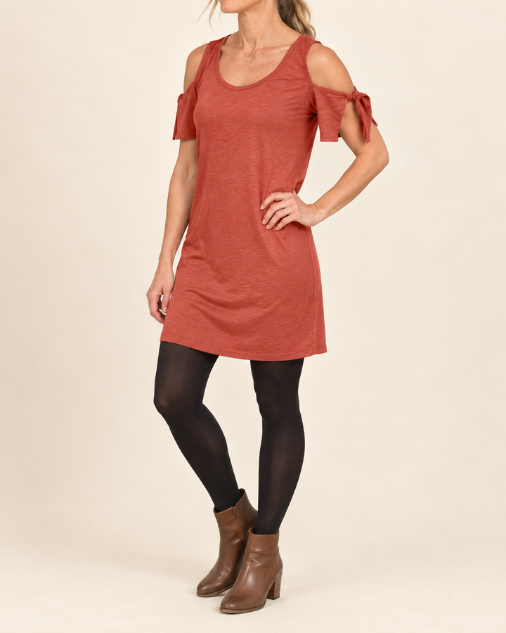 Yvette - Cold Shoulder Tee Dress in brick red, side view