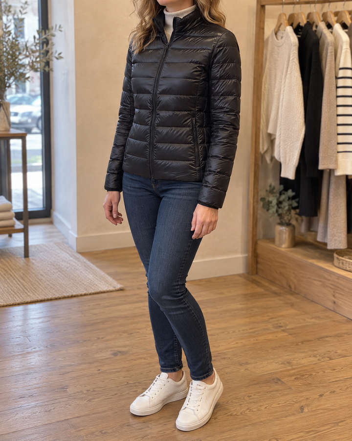 Aline - Lightweight Down Jacket in black, side view