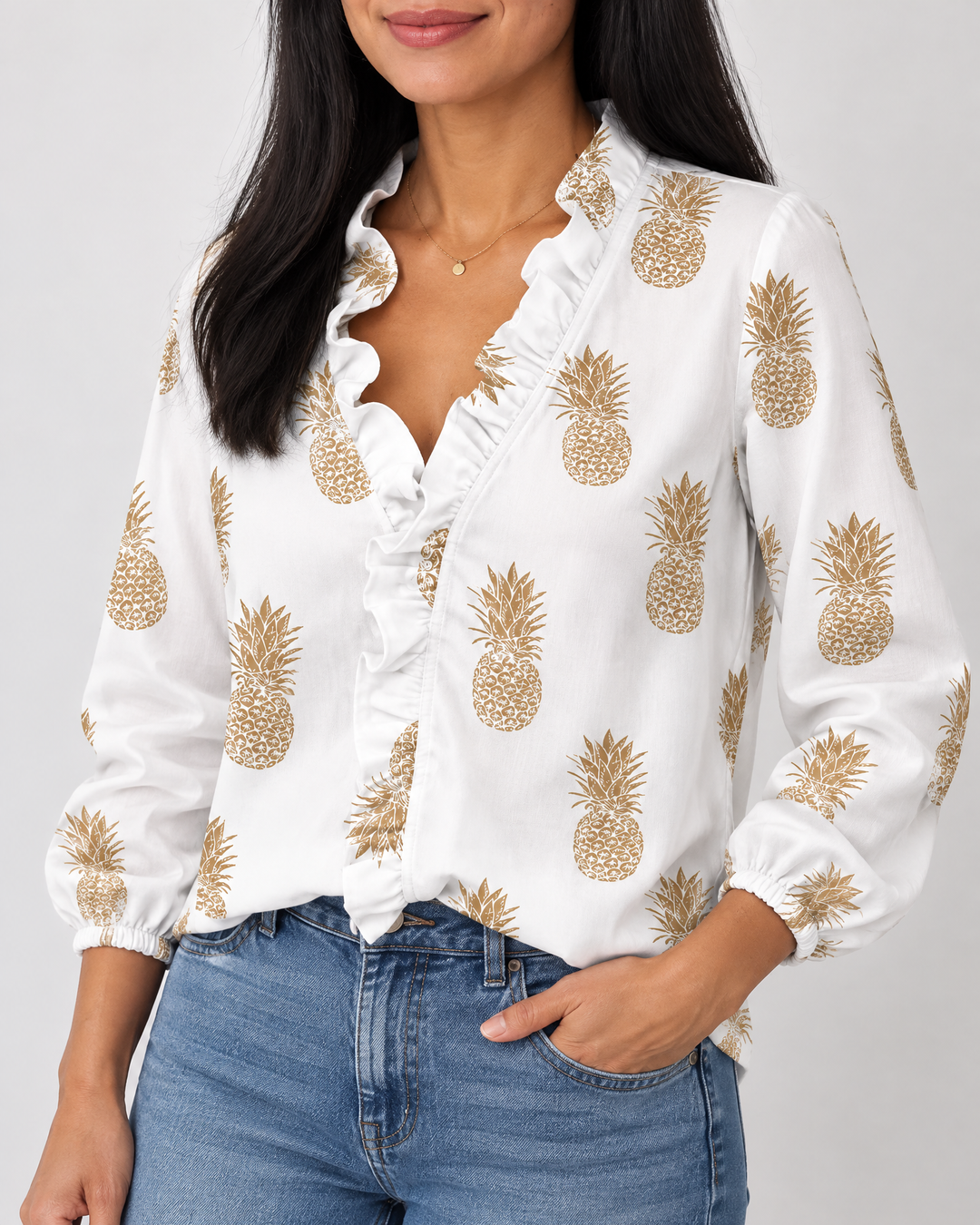 Celine - Ruffle Front Shirt in pineapple, side view
