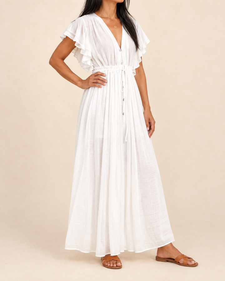 Solange - Button Front Maxi Dress in white, side view