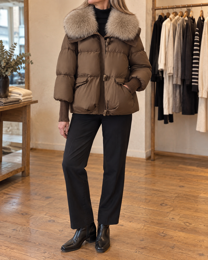 Chantal - Faux Fur Collar Puffer Jacket in brown, side view