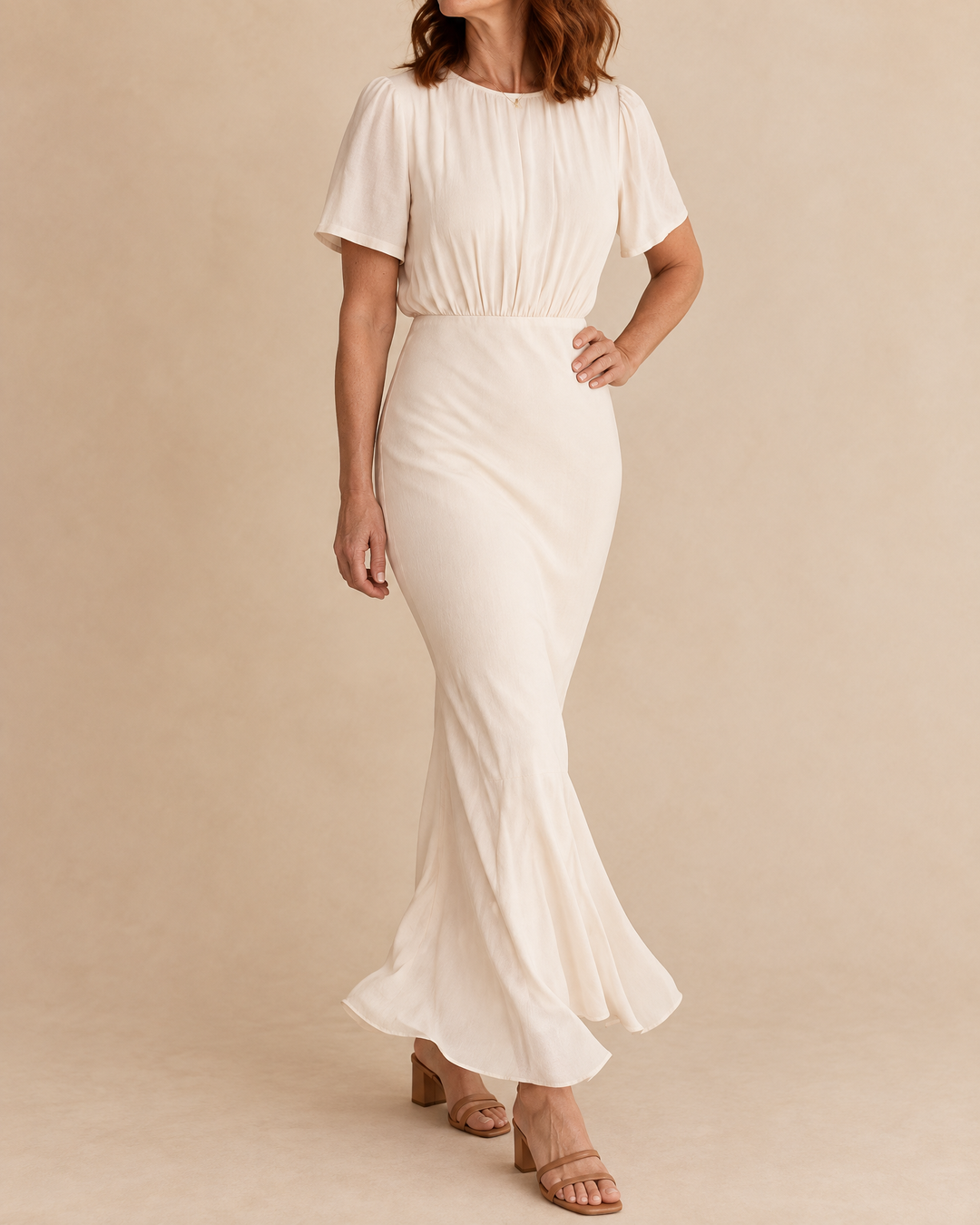 Eloise - Short Sleeve Fishtail Maxi Dress in cream, side view
