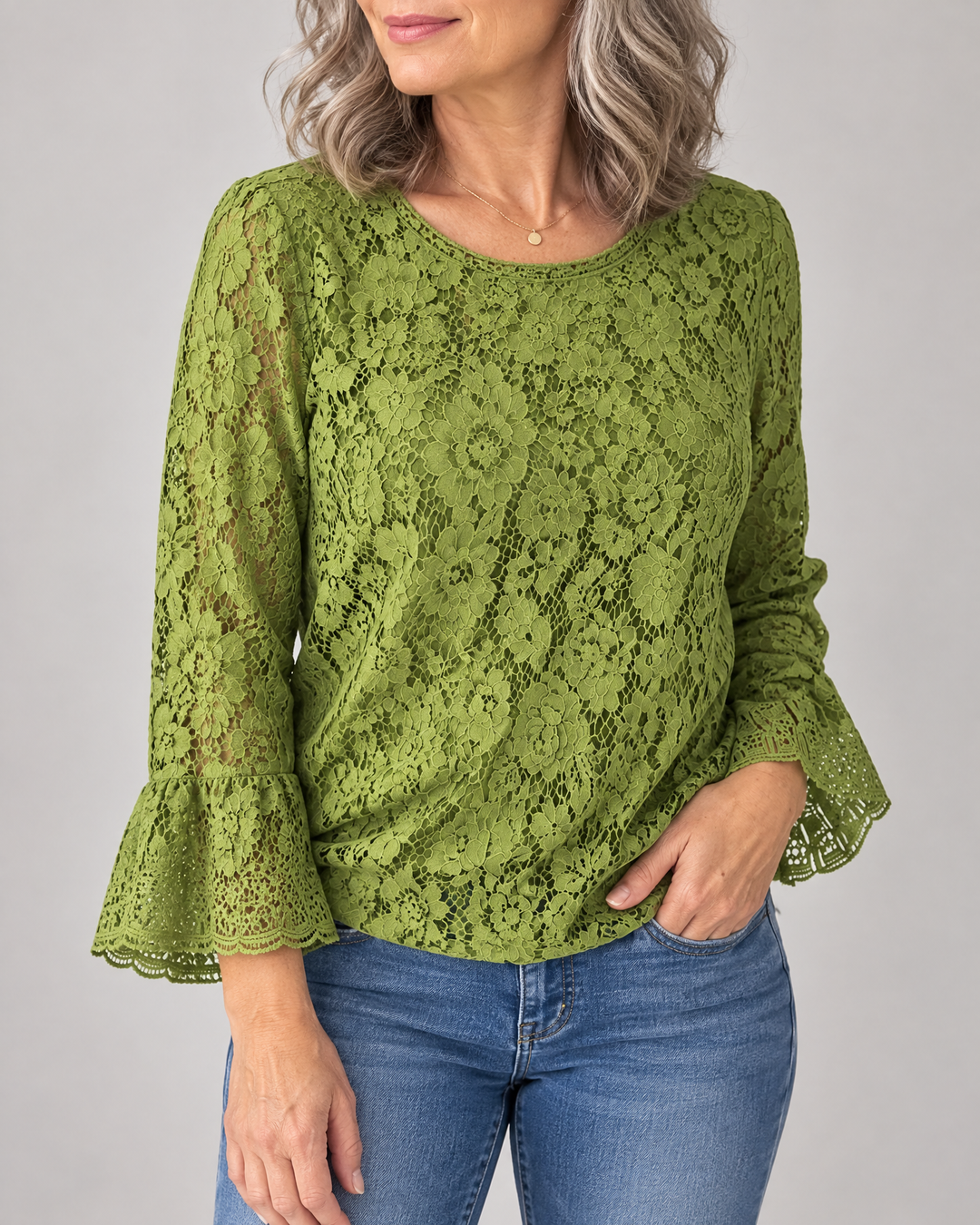 Violette - Lace Long Sleeve Top in green, side view