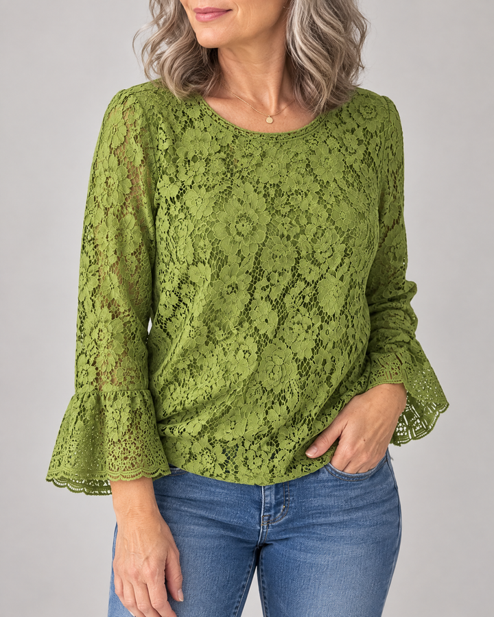 Violette - Lace Long Sleeve Top in green, side view