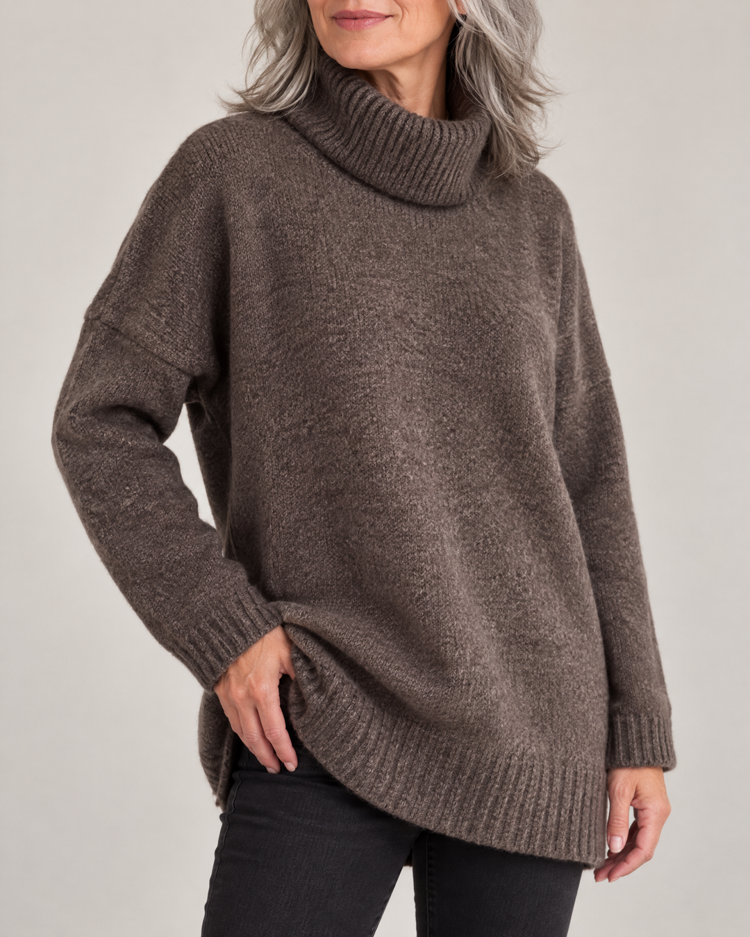 Thea - Turtleneck Pullover Sweater in dark chocolate, side view