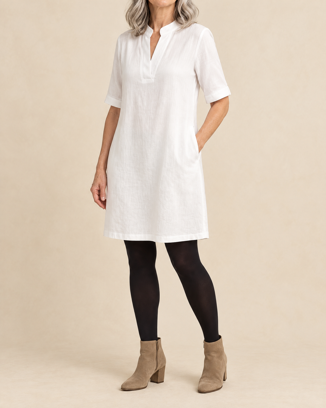 Irene - Notch Neck Shift Dress in white, side view