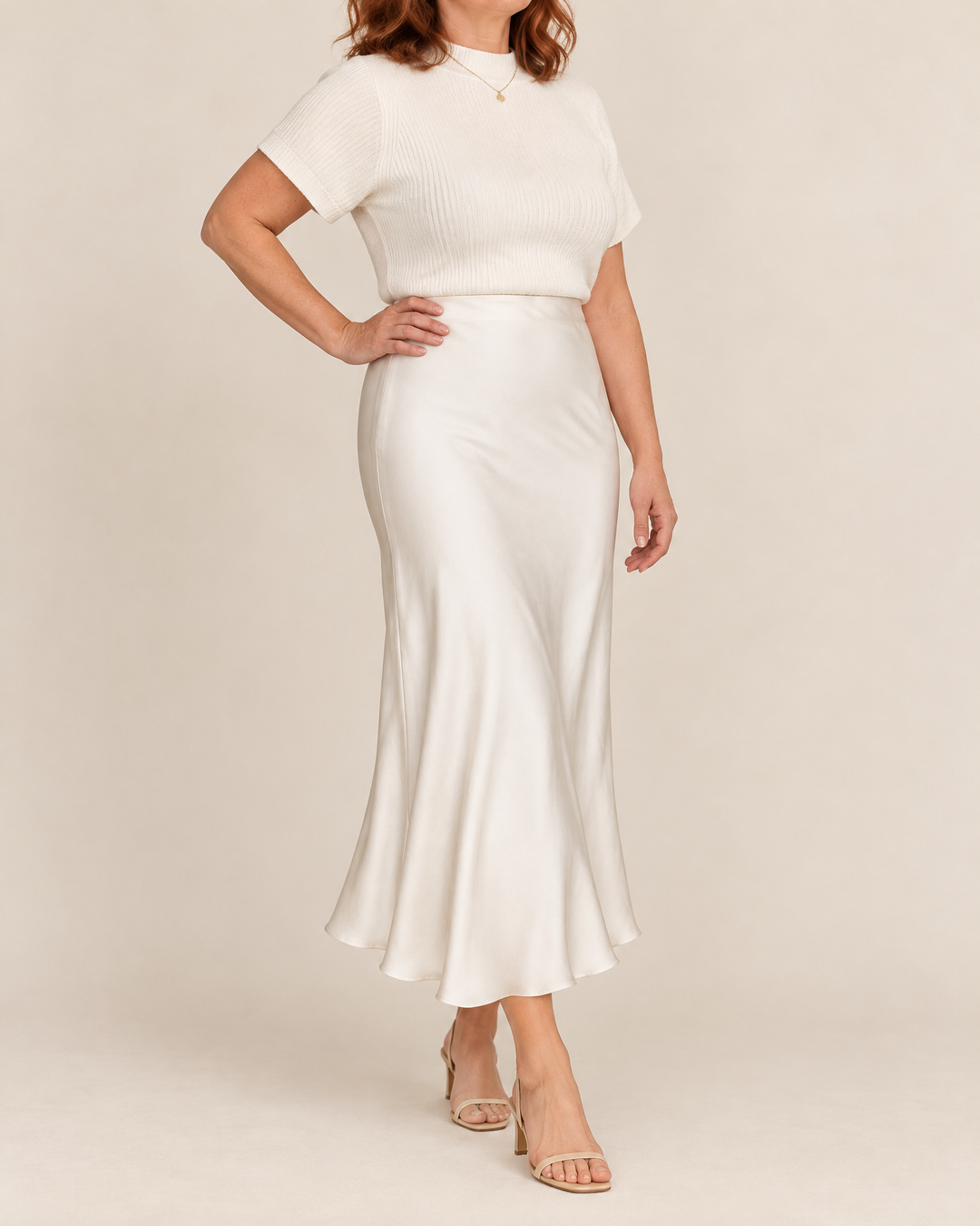 Estelle - Bias Satin Midi Skirt in cream, side view