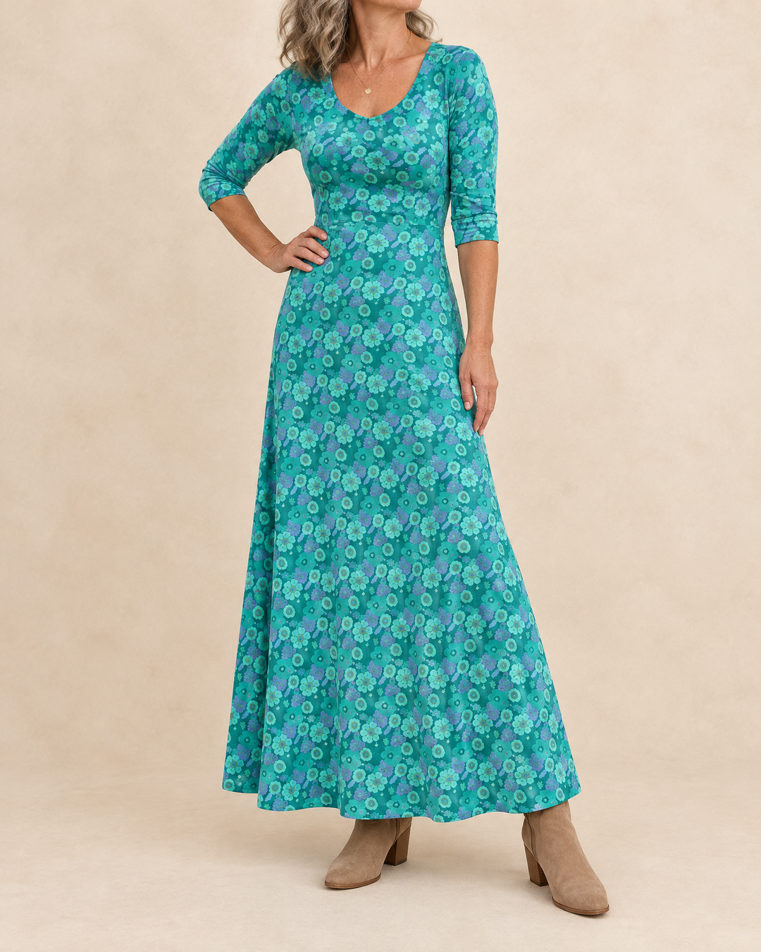 Romane - Floral Print Maxi Dress in teal floral, side view