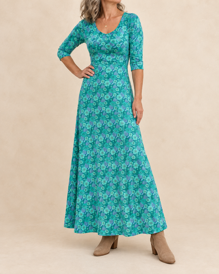 Romane - Floral Print Maxi Dress in teal floral, side view