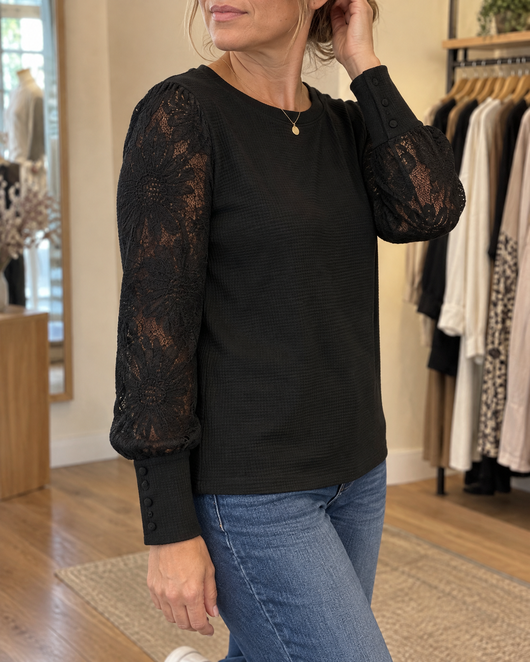Laurine - Lace Sleeve Waffle Top in black, side view