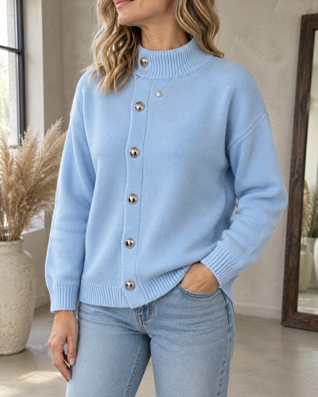 Sixtine - Silver Button Mock Neck Sweater in sky blue, side view