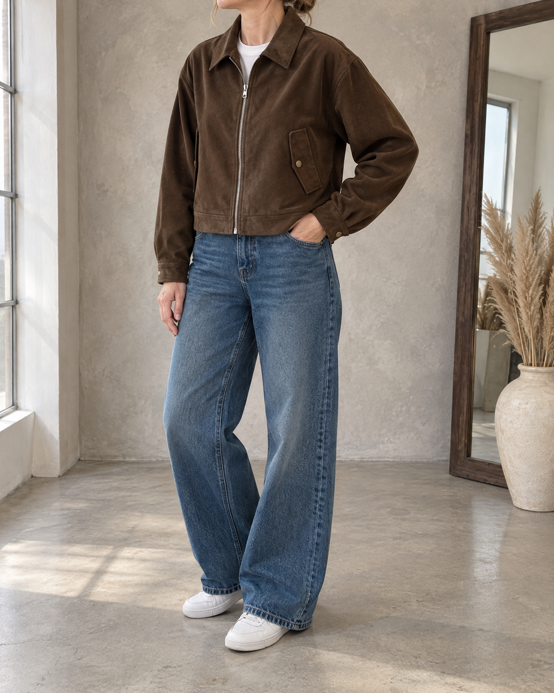 Rose - Cropped Faux Suede Jacket in chocolate brown, side view