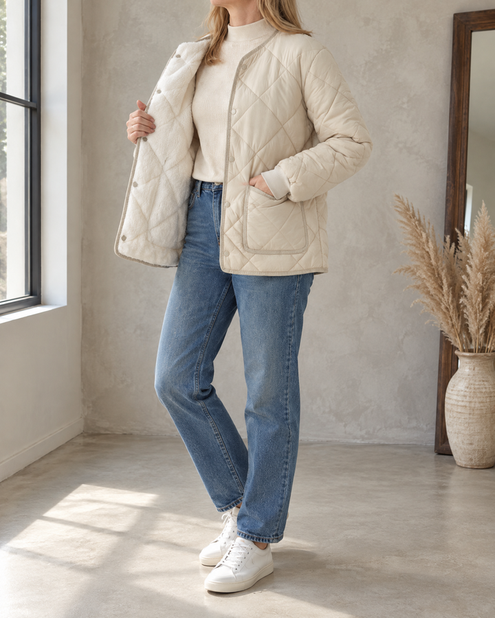 Clementine - Collarless Quilted Jacket in cream, side view