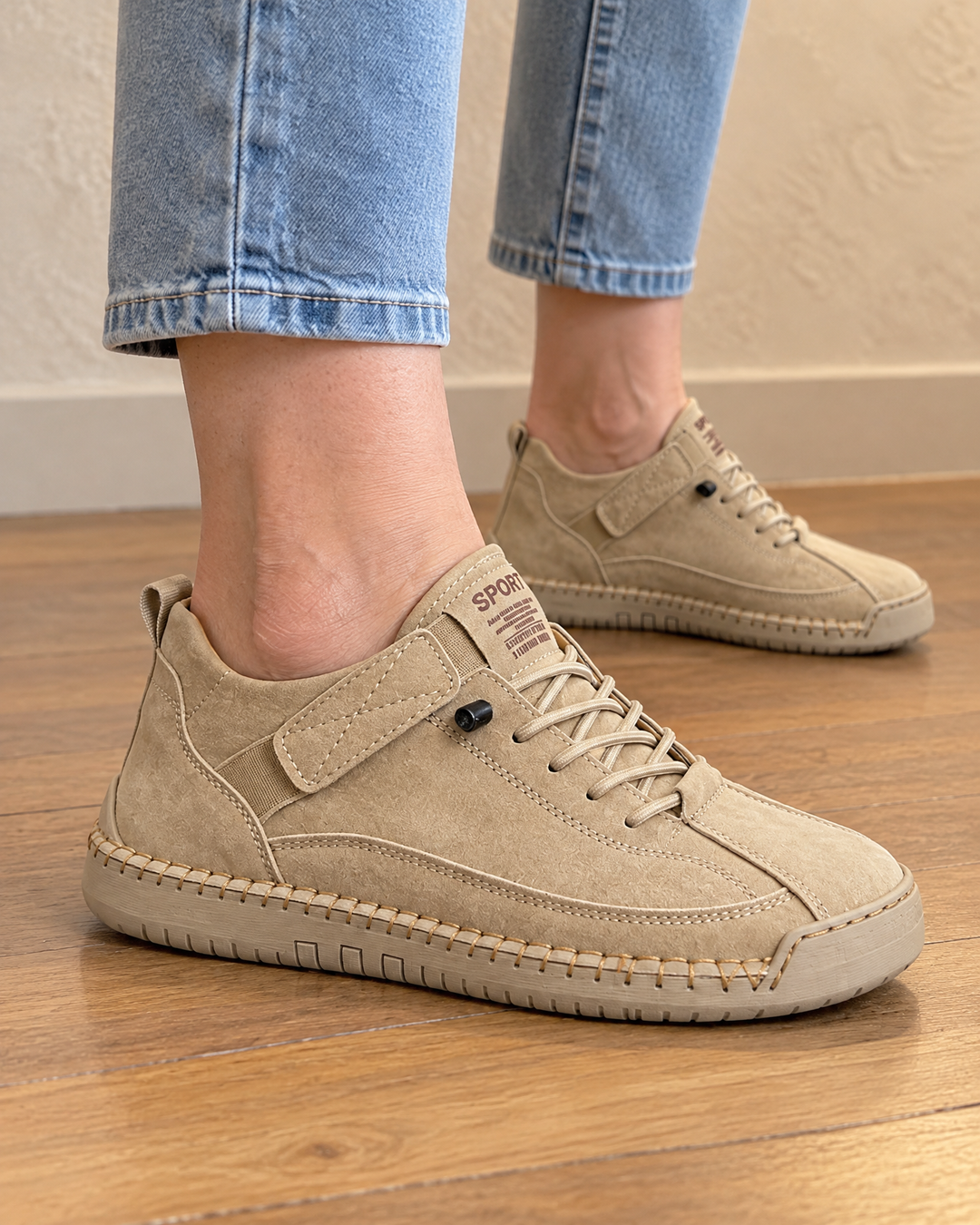 Lison - Easy-On Stitched Sneakers in beige, side view