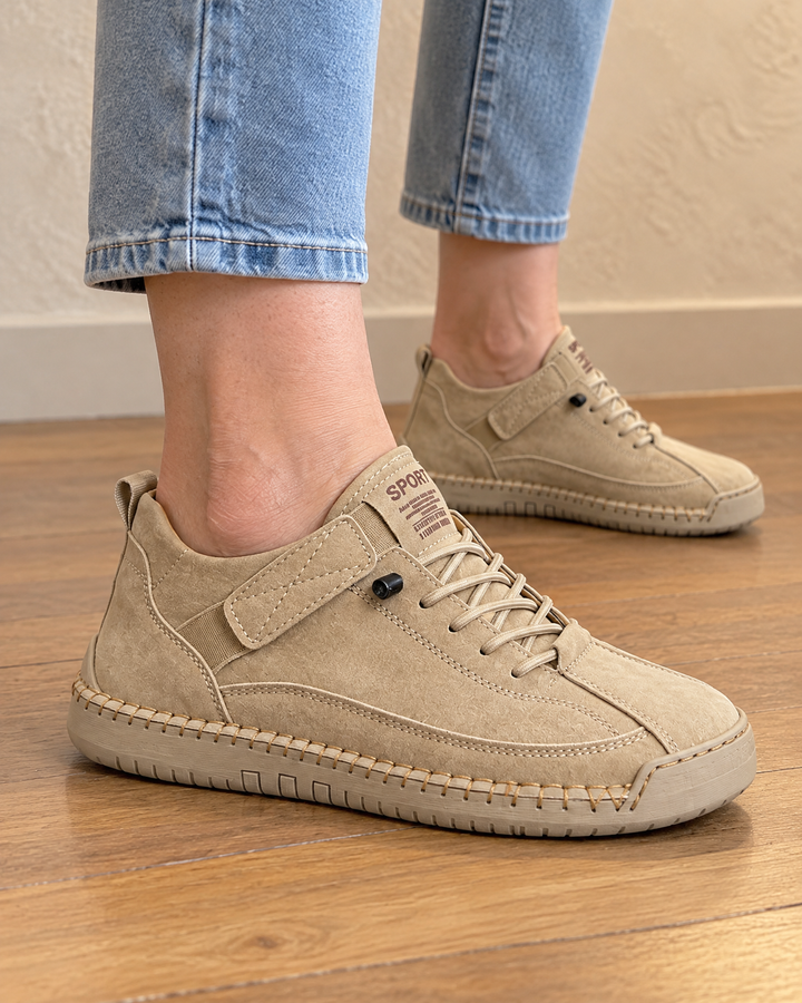 Lison - Easy-On Stitched Sneakers in beige, side view