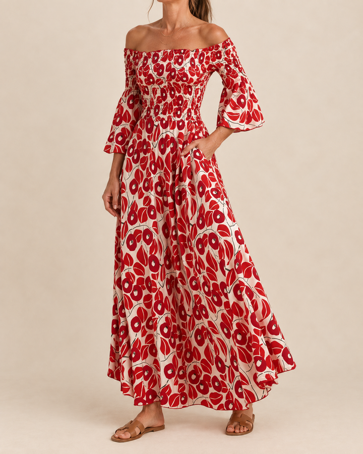 Seraphine - Off Shoulder Print Maxi Dress in red, side view