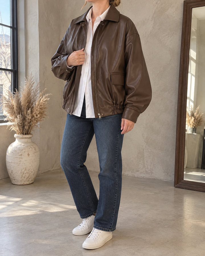 Leontine - Oversized Faux Leather Bomber in brown, side view