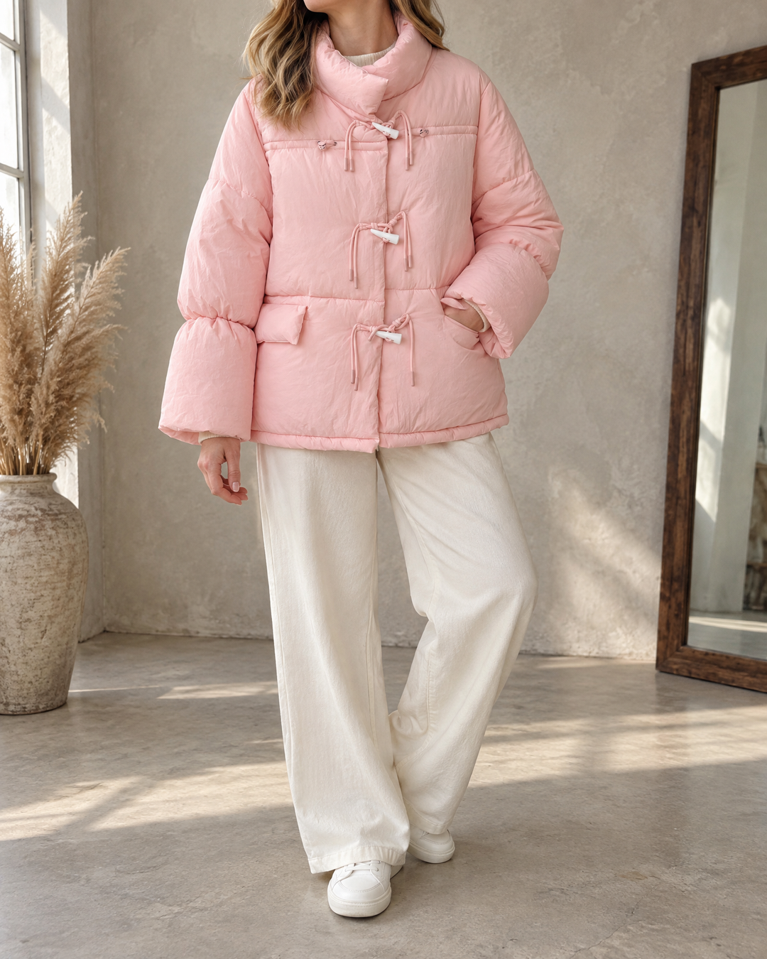 Ombeline - Toggle Button Puffer Jacket in pink, side view