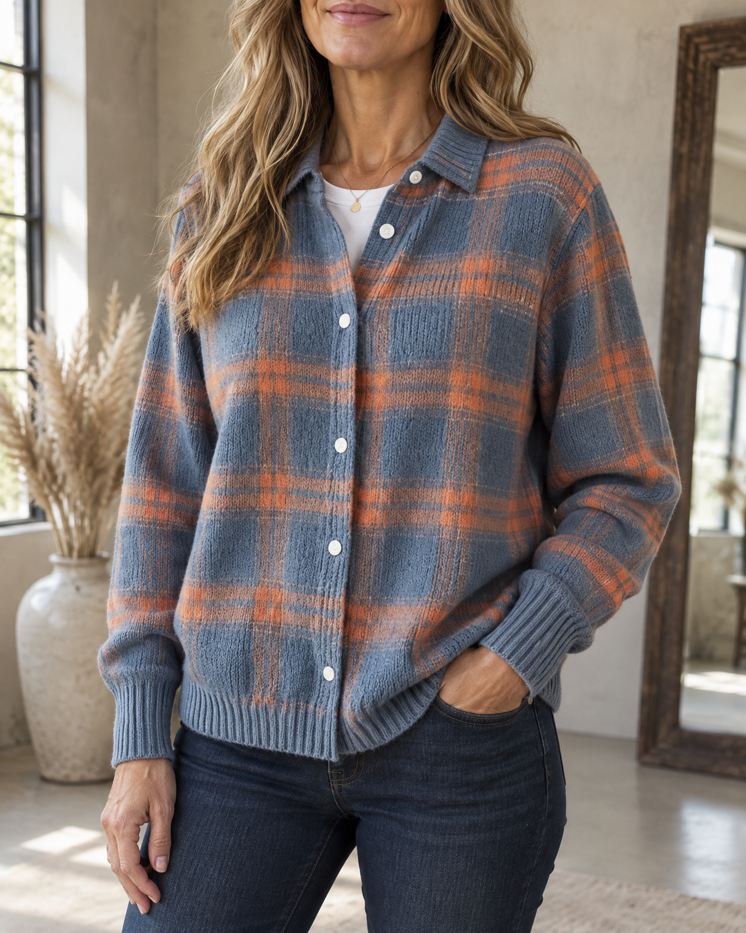 Maude - Plaid Knit Shirt in blue plaid, side view