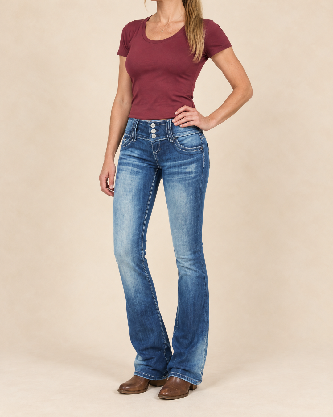 Marianne - Button Fly Bootcut Jeans in mid blue, side view