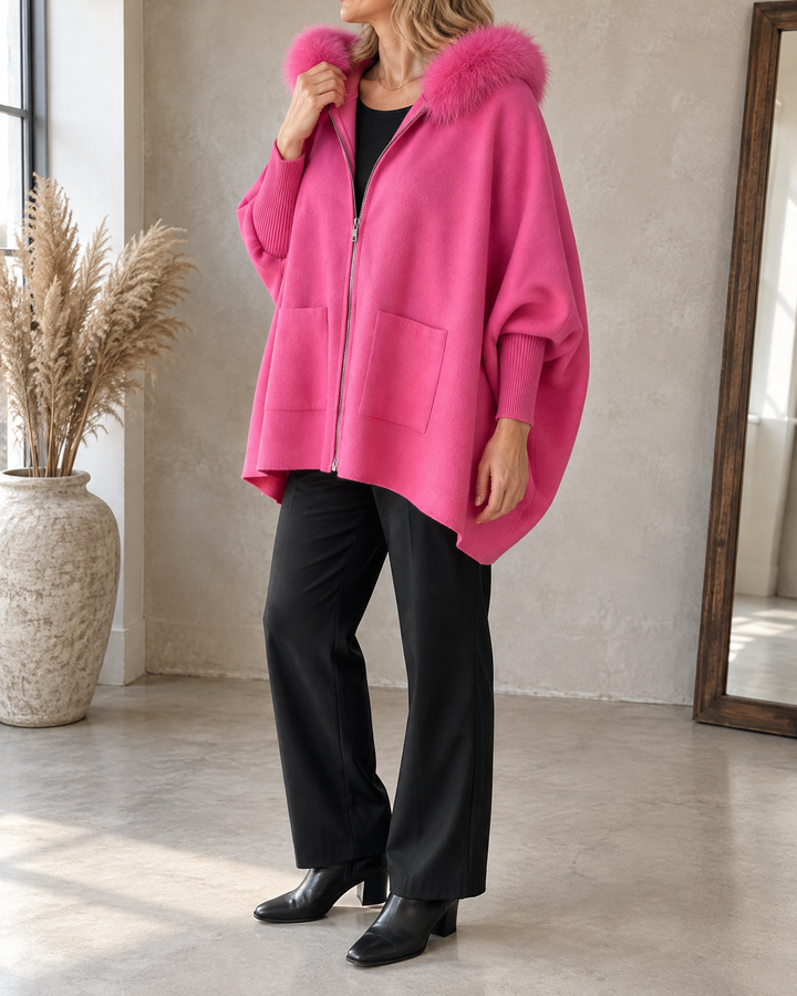 Liliane - Plush Collar Knit Cape in fuchsia, side view
