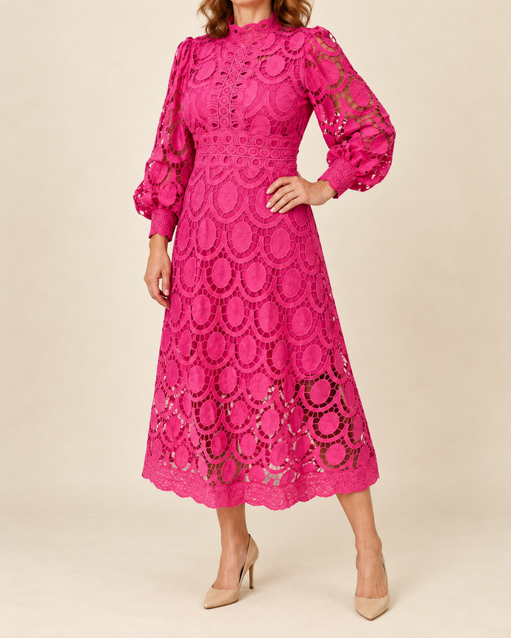 Margaux - Lace Puff Sleeve Midi Dress in hot pink, side view